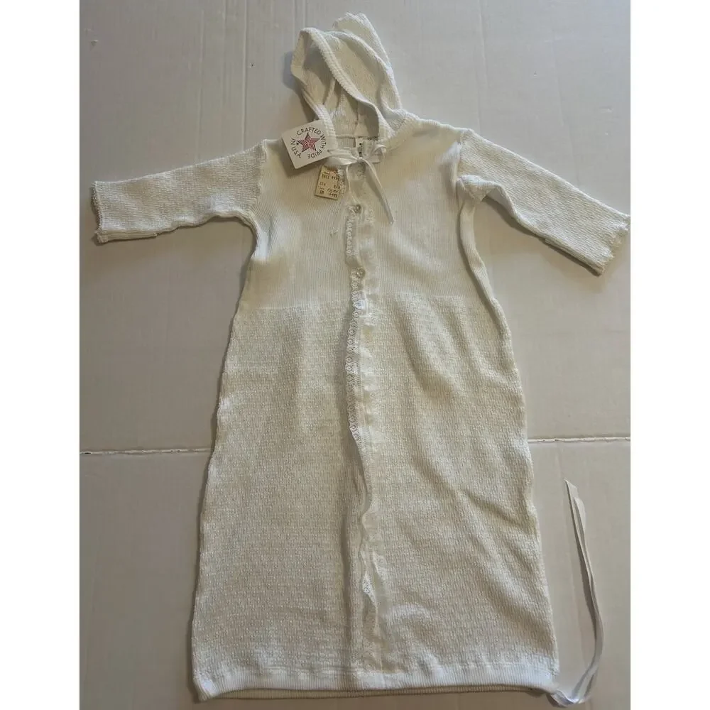 Vtg Paty Baby Gown White Size 6 Months Lace Knit Ribbon‎ Tie Hooded USA NOS